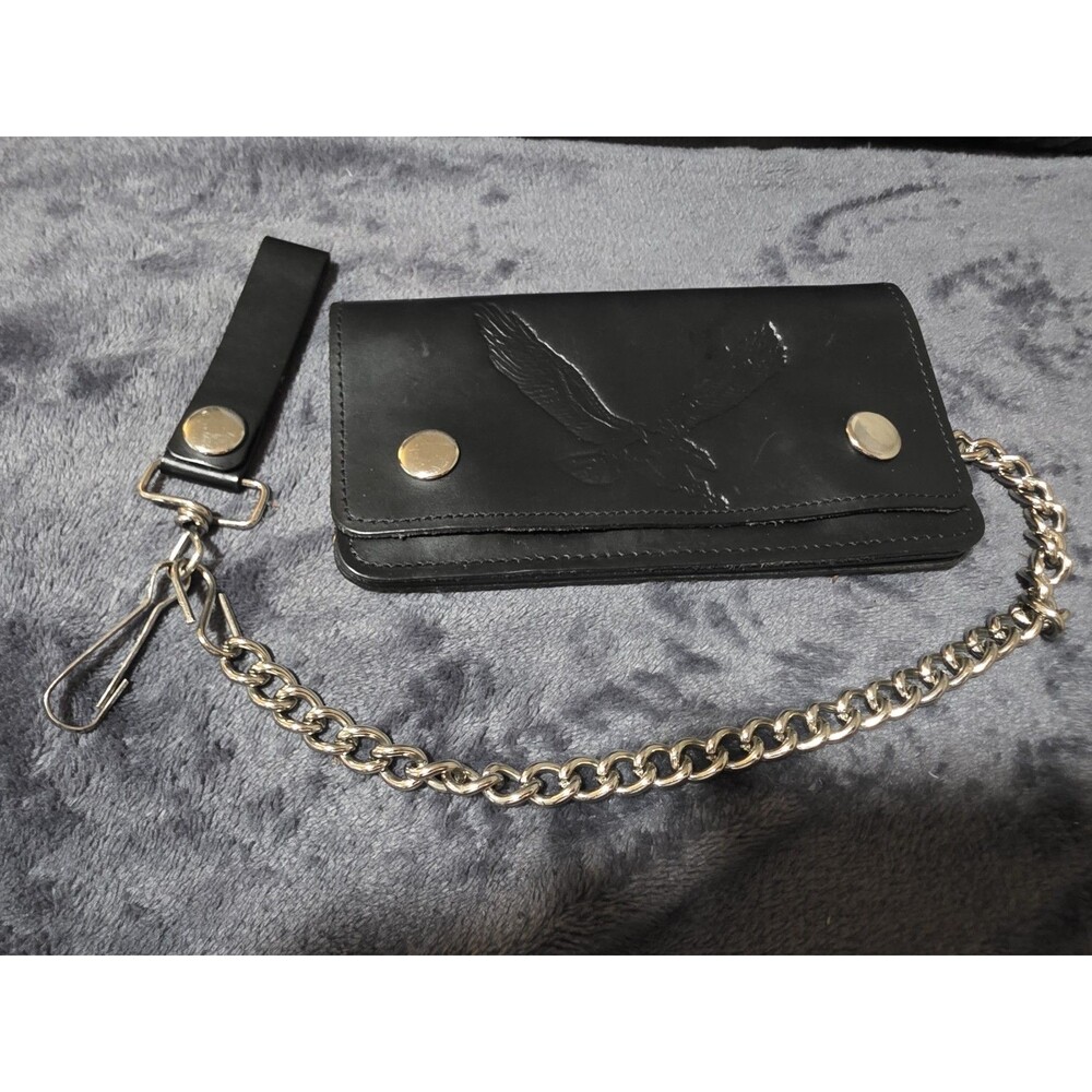Cool Genuine Leather Biker Trucker Embossed Wallet Chain Motorcycle Rider EuC